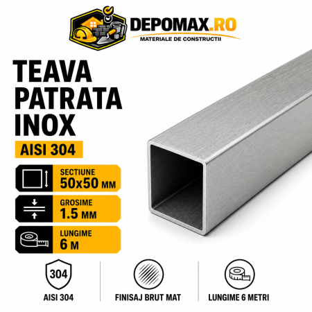 Teava patrata inox AISI 304, 50 x 50 x 1.5 mm, 6 metri